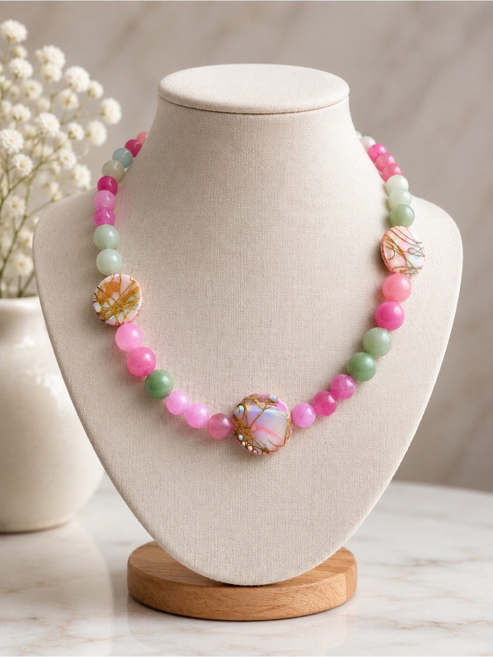 Boho, cottage core handmade beaded necklace: Amazonite, dyed jade & glass beads
